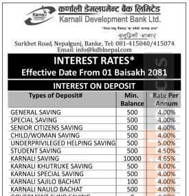 कर्णाली डेभलपमेण्ट बैंकको वैशाख १ गतेदेखि लागुहुने नयाँ ब्याजदर सार्वजानिक, कुन खातामा कति पुग्यो ?