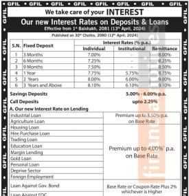 बैशाख १ गतेदेखि लागु हुने नयाँ ब्याजदर परिवर्तन सम्बन्धी सूचना