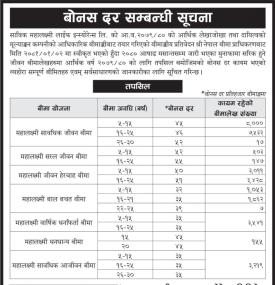 प्रभु महालक्ष्मी लाईफको बोनश दर सम्बन्धी जरुरी सूचना