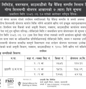 सात दिनभित्र गोप्य शिलबन्दी बोलपत्रद्वारा गैह्र बैंकिङ सम्पत्ति बिक्रि गर्दै बैंक -
