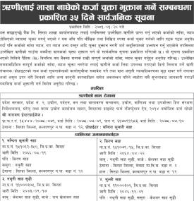 ऋणीहरुलाई भाखा नाघेको कर्जा चुक्ता भुक्तान गर्ने सम्बन्धमा ३५ दिने सार्वजनिक सूचना
