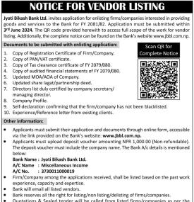 Notice for Vendor Listing