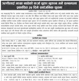 ऋणीहरुलाई भाखा नाघेको कर्जा चुक्ता भुक्तान गर्ने सम्बन्धमा ३५ दिने सार्वजनिक सूचना
