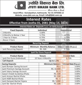 जेष्ठ महिनाका लागि ज्योति विकास बैंकको नयाँ ब्याजदर सार्वजनिक, कुन खताामा कति ?