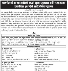 ऋणीहरुलाई भाखा नाघेको कर्जा चुक्ता भुक्तान गर्ने सम्बन्धमा ३५ दिने सार्वजनिक सूचना