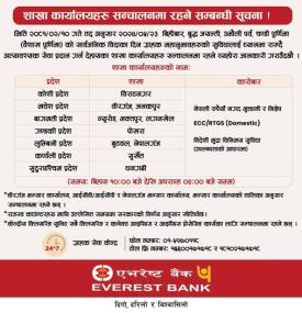 विदाको दिन बैंकको शाखा कार्यालयहरु सन्चालनमा रहने सम्बन्धी सूचना -