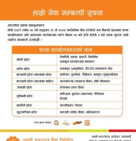 लक्ष्मी सनराइज बैंकको शाखा खुल्ला रहने बारे जरुरी सूचना