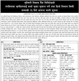 ऋणीहरुलाई कर्जा चुक्ता भुक्तान गर्ने तथा धितो लिलाम बिक्री सम्बन्धी २१ दिने अत्यन्त जरुरी सूचना