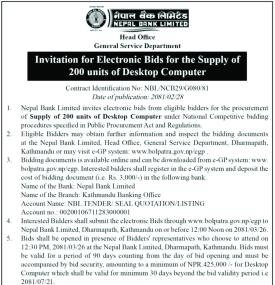 Invitation for Electronic Bids for Supply of Desktop Computer
