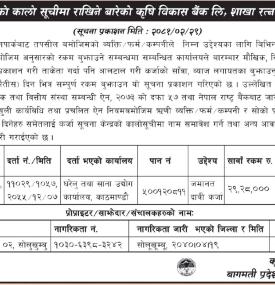 कर्जा सूचना केन्द्रको कालो सूचीमा राखिनेबारे कृषि विकास बैंकको सूचना -