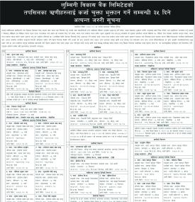 लुम्बिनी विकास बैंकको कर्जा चुक्ता भुक्तान गर्ने सम्बन्धी सूचना -