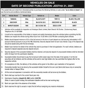 Notice Regarding Vehicle on sale of Himalayan Bank