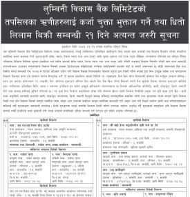 ऋणीहरुलाई कर्जा चुक्ता भुक्तान गर्ने तथा धितो लिलाम बिक्री सम्बन्धी सूचना -