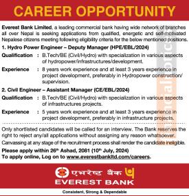 Everest Bank Limited Announces Job Openings for Hydro Power and Civil Engineers