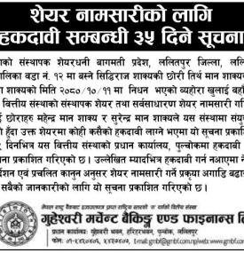 शेयर नामसारीको लागि हकदावी सम्बन्धी सूचना