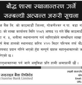 बैंकको बौद्ध शाखा स्थानान्तरण सम्बन्धी सूचना