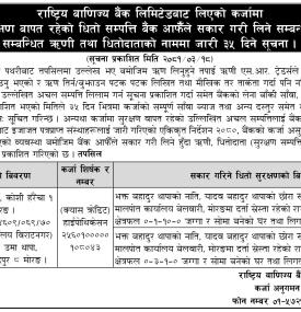 कर्जा सुरक्षण बापत रहेको धितो सम्पत्ति बैंक आफैँले सकार गरि लिने सम्बन्धी सूचना