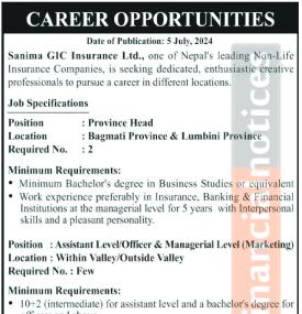 Sanima GIC Insurance Announces Job Openings for Province Head and Marketing Positions