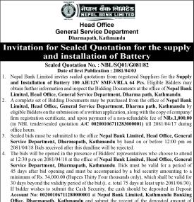Invitation for Sealed Quotation for the supply and installation of Battery -