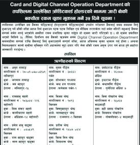 क्रेडिटकार्ड होल्डरको नाममा जारी बाँकी बक्यौता रकम चुक्ता भुक्तानी गर्ने बारे ३५ दिने सूचना