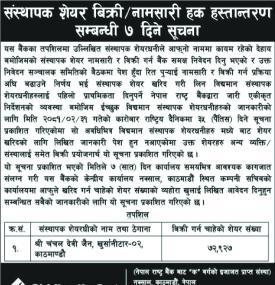 संस्थापक शेयर बिक्री/नामसारी हक हस्तान्तरण सम्बन्धी सूचना