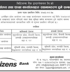 प्रदेश कार्यालय तथा शाखा कार्यालयहरु स्थानान्तरण हुने सम्बन्धी सूचना