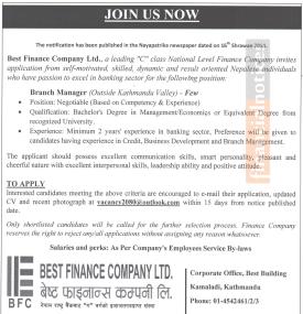 Best Finance Company Announces Job Vacancy for Branch Manager Positions