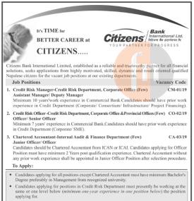 Citizens बैंकमा रोजगारीको अवसर