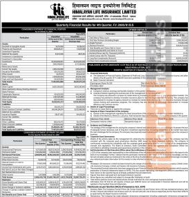 हिमालयन लाइफ इन्सुरेन्सको चौथो त्रैमाससम्ममा खुद नाफा ६३ करोड ३८ लाख ५८ हजार रुपैयाँ