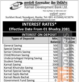 New Interest Rates Effective from 1st Bhadra, 2081 – Karnali Development Bank