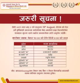 महालक्ष्मी विकास बैंकको शाखा कार्यालय समय सम्बन्धी जरुरी सूचना -