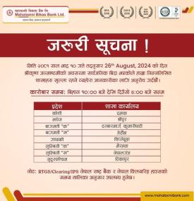 शाखा खुल्ला रहने समयबारे महालक्ष्मी विकास बैंकको जरुरी सूचना -