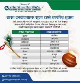सार्वजनिक विदामा गरिमा विकास बैंकको शाखा कार्यालय खुला रहने सम्बन्धि सूचना -
