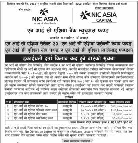 एनआईसी एशिया बैंक म्युचुअल फण्ड अन्तर्गतका बन्दमुखी योजनाहरुको बुकक्लोज सम्बन्धी सूचना
