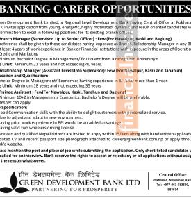 BANKING CAREER OPPORTUNITIES AT GREEN DEVELOPMENT BANK