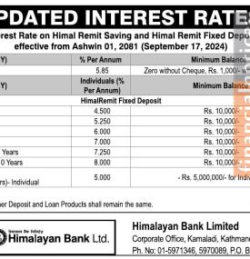 हिमालयन बैंकको ब्याजदर संशोधनसम्बन्धी सूचना -