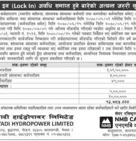 न्यादी हाइड्रोपावरको लक इन अवधि समाप्त हुने बारेको अत्यन्त जरुरी सूचना