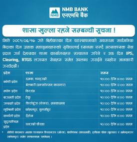 एनएमबी बैंकका शाखा कार्यालय खुल्ला रहने सम्बन्धी सूचना -