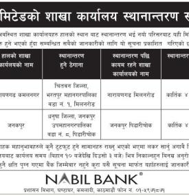 नविल बैंकको शाखा कार्यालय स्थानान्तरण सम्बन्धी सूचना