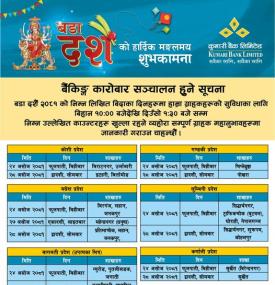 दसैँ बिदामा कुमारी बैंकका शाखा कार्यालयहरु कतिबजे सम्म खुल्ला रहन्छन् ?