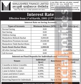 Manjushree Finance Announces New Interest Rates Effective 1st Kartik, 2081