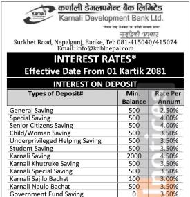 कर्णाली डेभलपमेण्ट बैंकको ब्याजदर सूची सार्वजनिक: कुन खातामा कति ?