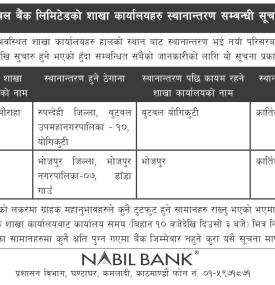 नविल बैंकको शाखा कार्यालयहरु स्थानान्तरण सम्बन्धी सूचना