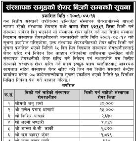 संस्थापक समुहको शेयर बिक्री सम्बन्धी सूचना