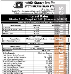 ज्योति विकास बैंकको नयाँ ब्याजदर सार्वजानिक, कुन खातामा कति पुग्यो ?