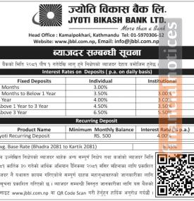ज्योति विकास बैंकको नयाँ ब्याजदर सार्वजानिक, कुन खातामा कति पुग्यो ?