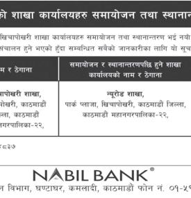 नविल बैंकको शाखा कार्यालय समायोजन तथा स्थानान्तरण सम्बन्धी सूचना