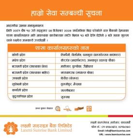 लक्ष्मी सनराइज बैंकको शाखा विभिन्न शाखा खुल्ला रहने बारे जरुरी सूचना