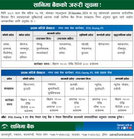 सार्वजनिक विदाको दिन पनि सानिमा बैंकको शाखा कार्यालयहरु खुल्ल रहने बारे सूचना