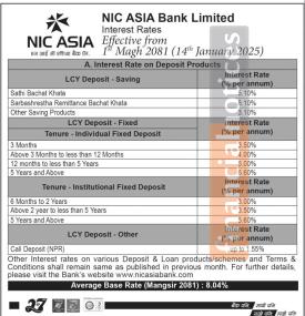एनआइसी एशिया बैंकको ब्याजदर सूचना : माघबाट लागू - Interest Rate -